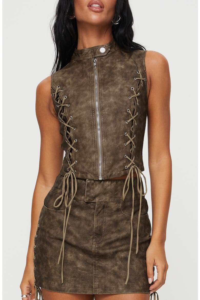 Ceejay Faux Leather Top, Main, color, BROWN