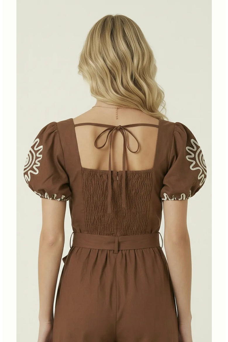 Embroidered Puff Sleeve Jumpsuit, Alternate, color, Chocolate Brown