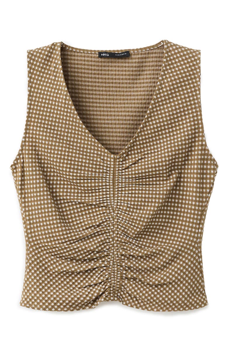 MANGO Micro Check Ruched Cotton Blend Top, Alternate, color, Khaki