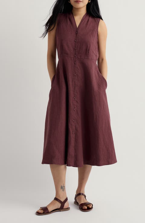 Carved Wood Sleeveless Linen Midi Dress
