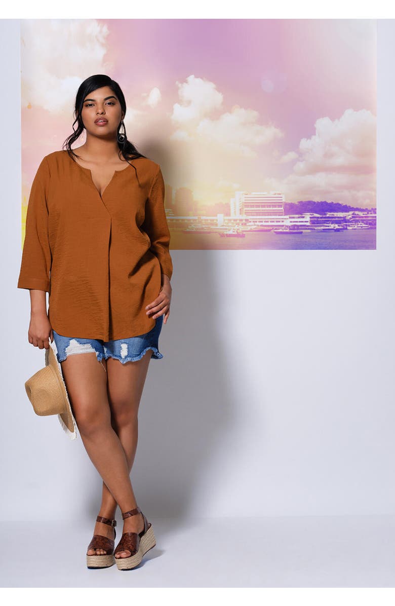 ELOQUII Distressed Denim Short, Alternate, color, Medium Wash