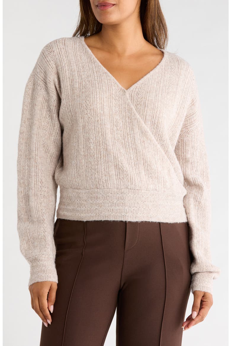 Faux Wrap Pointelle Sweater, Main, color, TAUPE