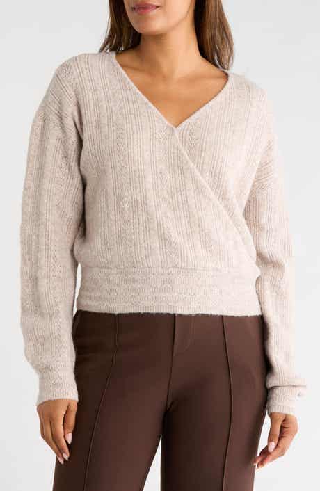 Faux Wrap Pointelle Sweater