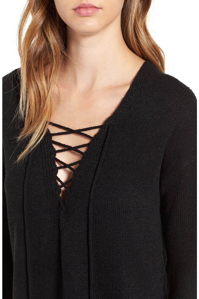 ASTR Lace-Up Sweater, Alternate, color, BLACK