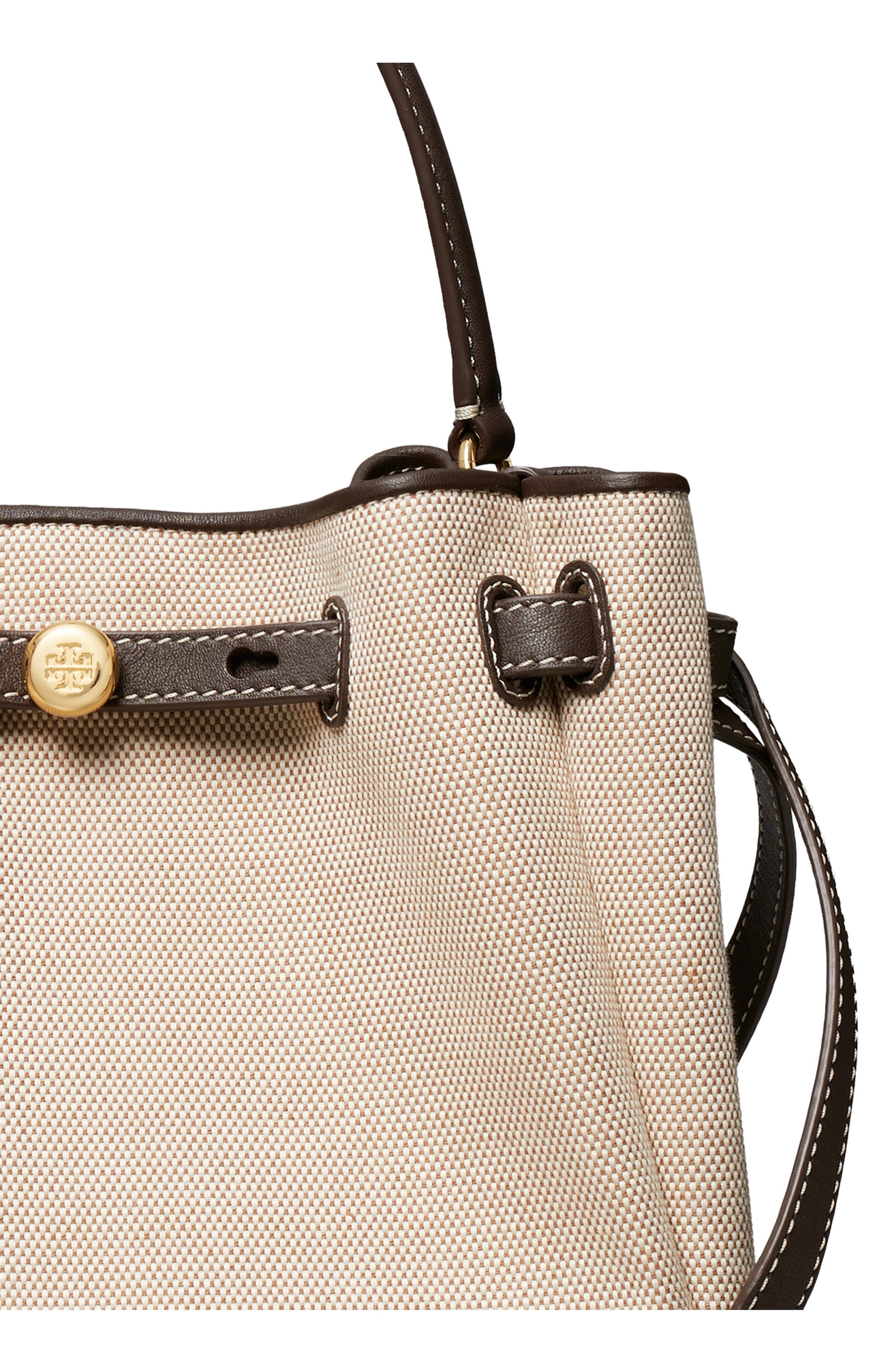 Tory Burch Romy Canvas Bucket Crossbody Bag, Alternate, color, Dusty Almond/ Bianco White