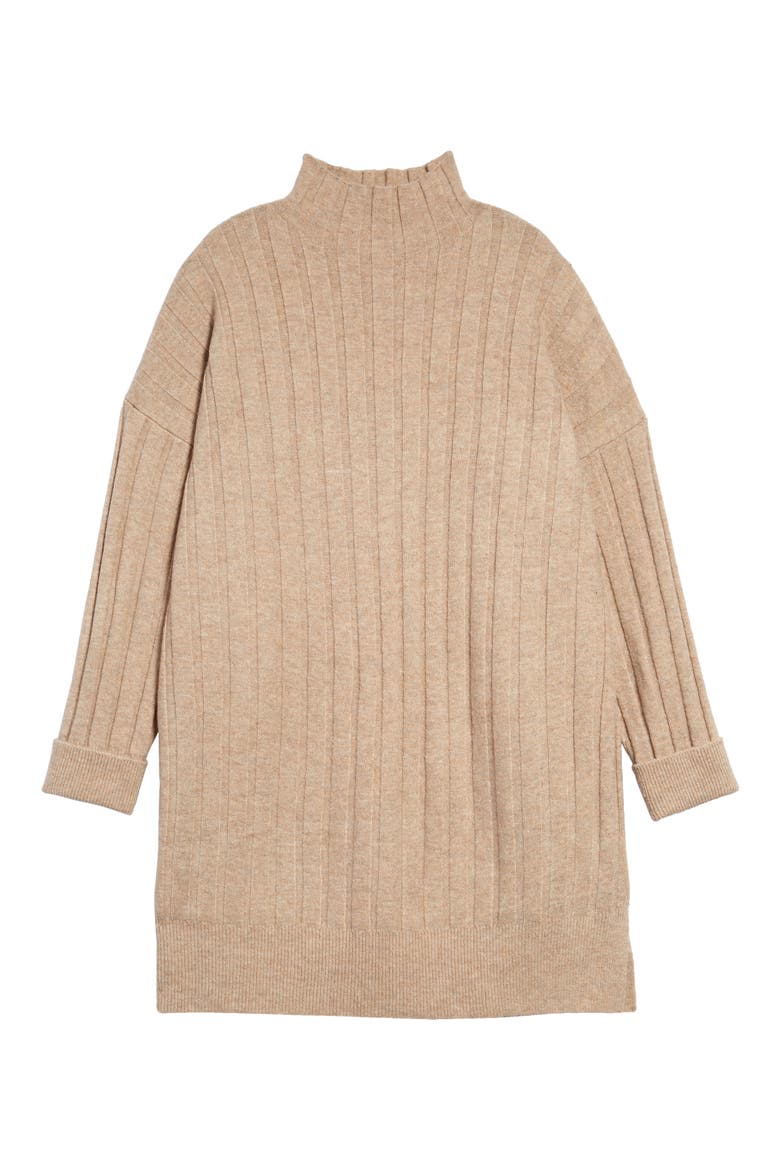 Boxy Ribbed Funnel Neck Long Sleeve Dress, Main, color, NEUTRAL