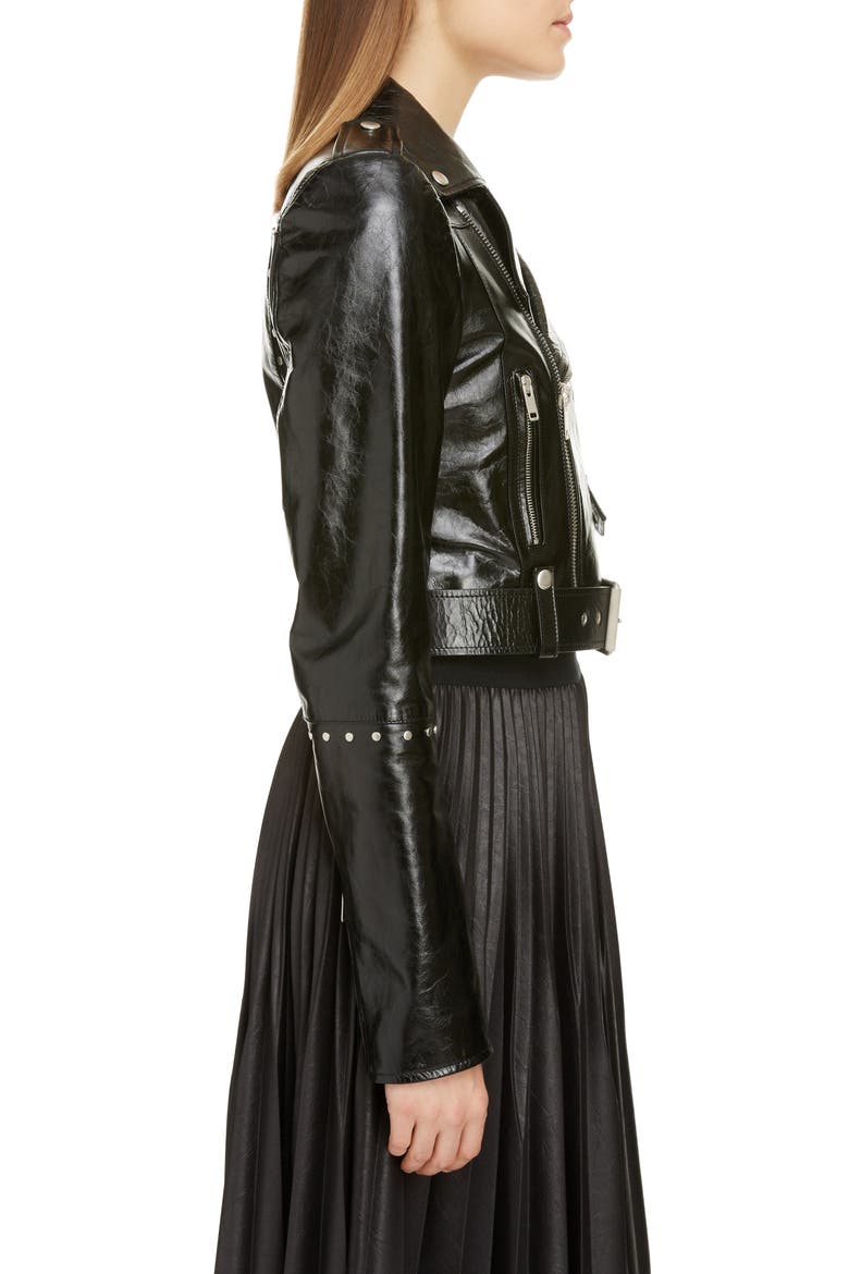 Studded Crop Leather Biker Jacket, Alternate, color, BLACK