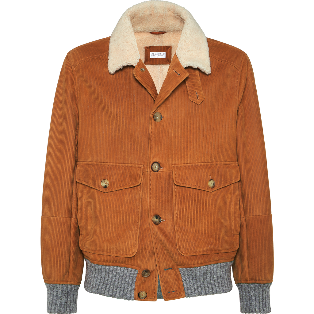 Brunello Cucinelli Suede Shearling Aviator Jacket In Multi