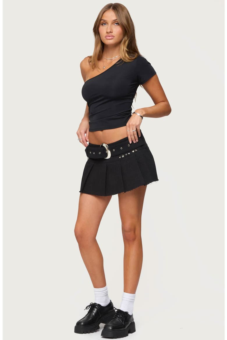 Kore Belted Pleated Raw Hem Denim Miniskirt, Alternate, color, BLACK