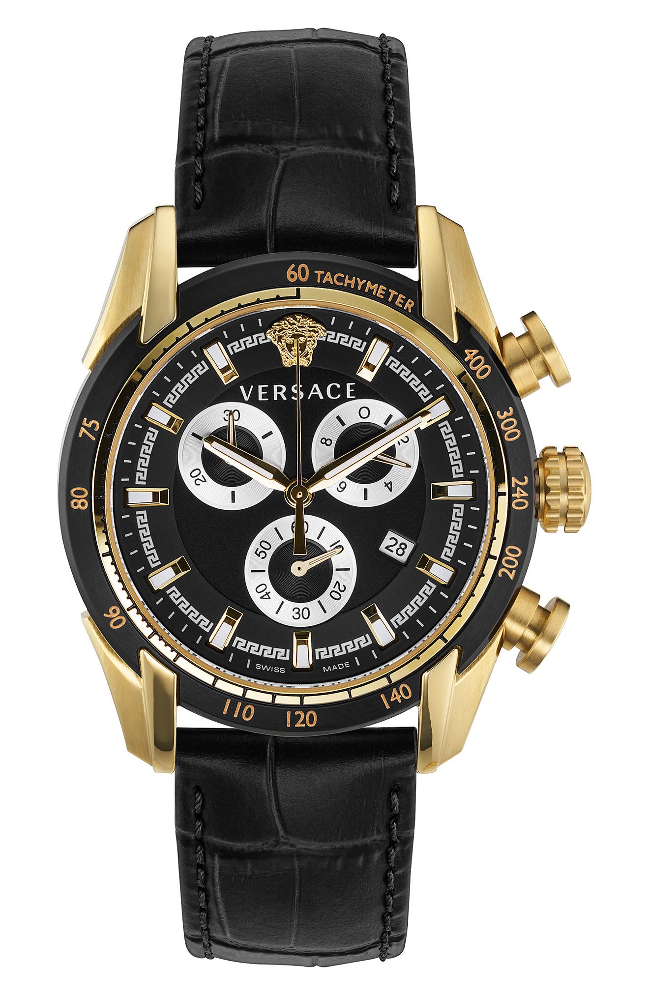 Versace V-Ray Croc Embossed Leather Strap Watch, 44mm