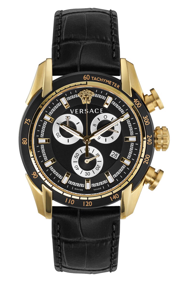 V-Ray Croc Embossed Leather Strap Watch, 44mm, Main, color, GOLD