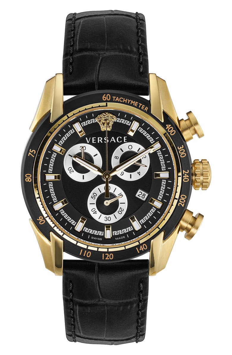 Versace V-Ray Croc Embossed Leather Strap Watch, 44mm, Main, color, Gold
