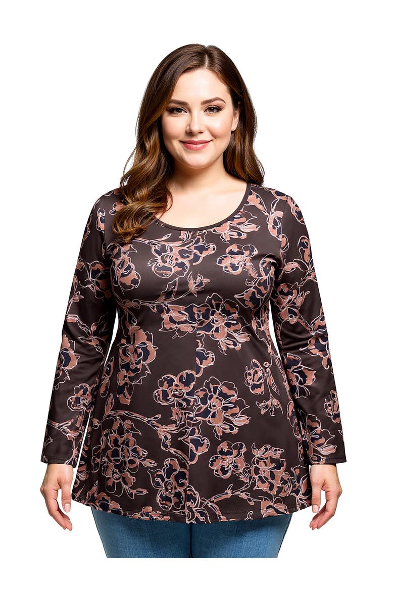 Plus Size Floral Print Long Sleeve Tunic Top, Main, color, Brown Multi