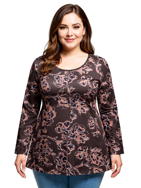 Plus Size Floral Print Long Sleeve Tunic Top