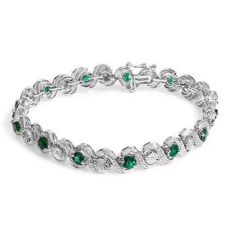 .925 Sterling Silver Created Emerald and Diamond Twist S Link Bracelet