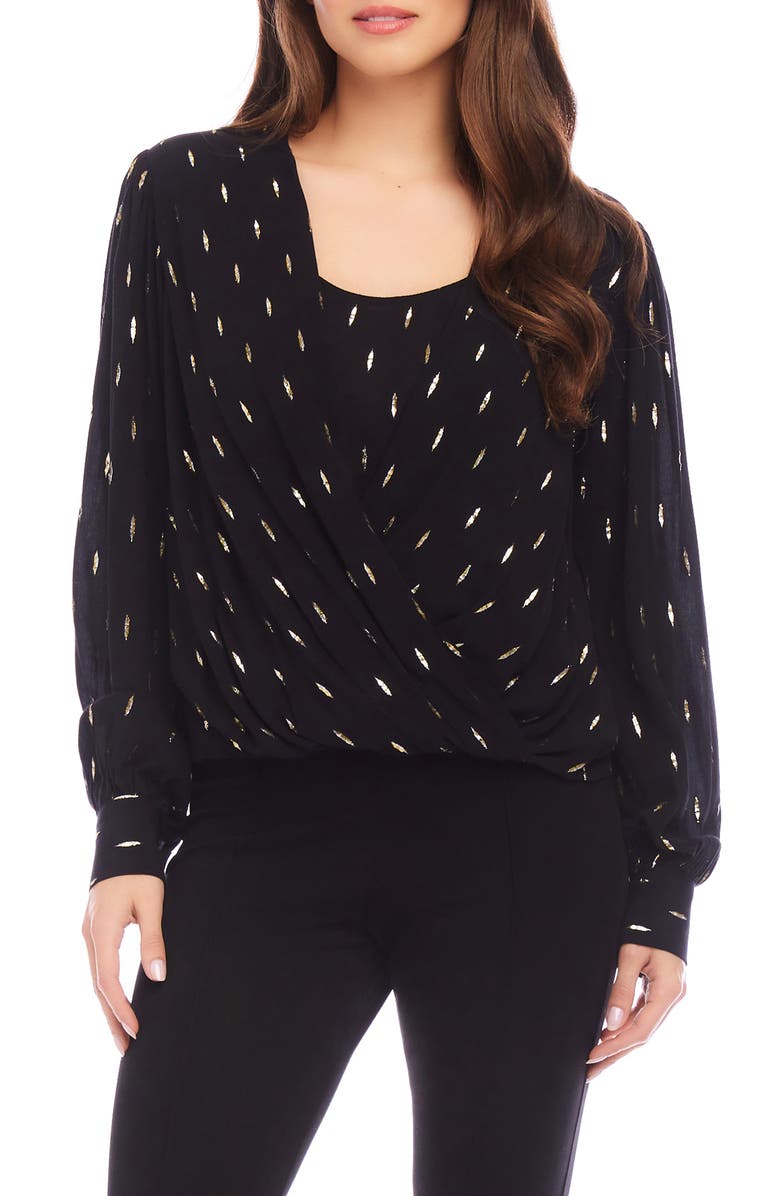 Karen Kane Metallic Drape Front Top, Main, color, Blk