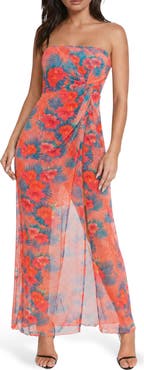 bebe Palm Print Strapless Mesh Maxi Dress