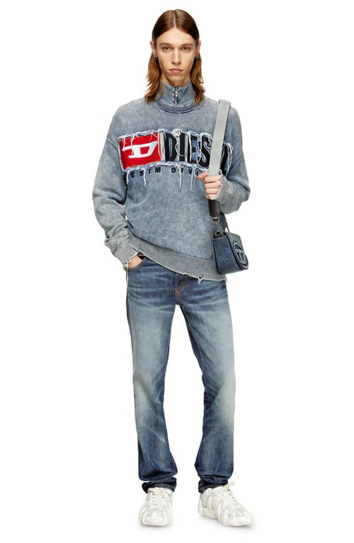 Diesel Distressed Crewneck Sweater With Ribbed Cuffs In Blue
