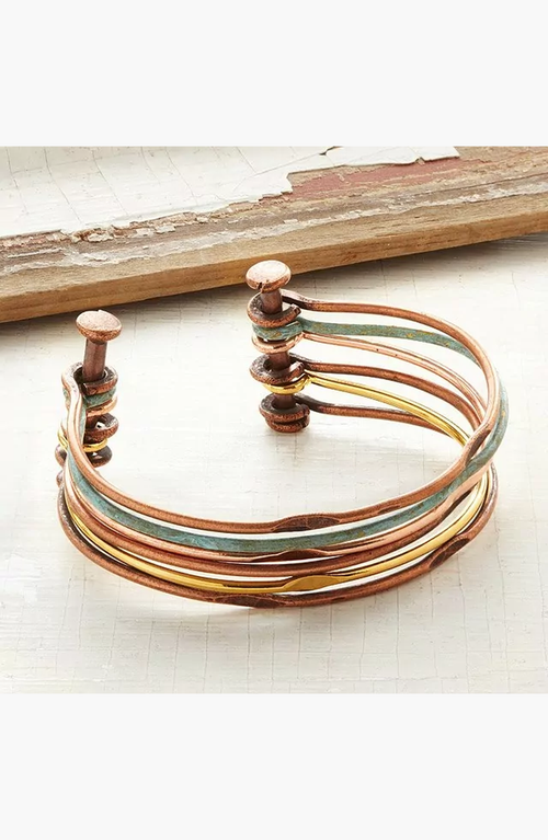 Uncommon Goods Mixed Metals Hinged Cuff In Copper/brass/teal