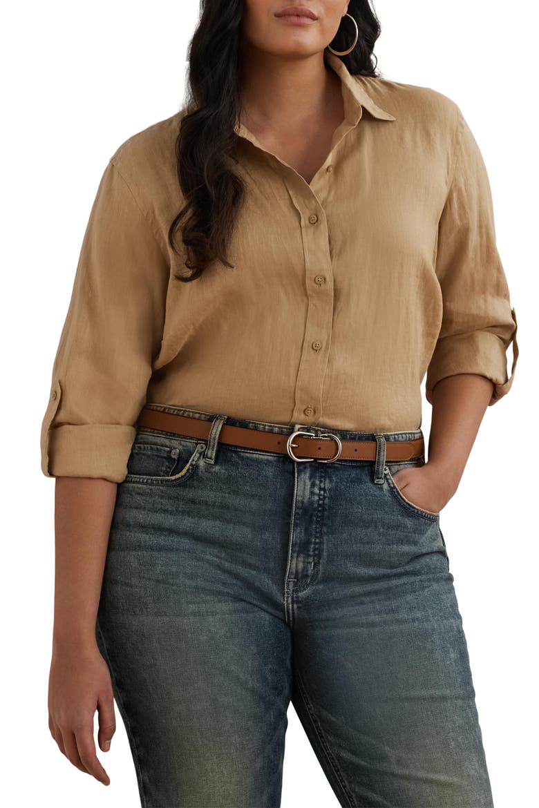 Karrie Tissue Linen Button-Up Shirt, Main, color, TAN