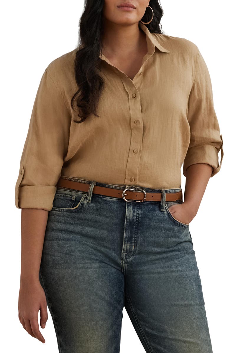 Lauren Ralph Lauren Karrie Tissue Linen Button-Up Shirt, Main, color, Tan