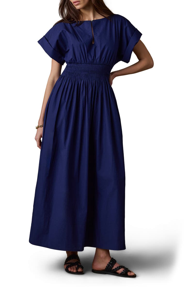 Faherty Elia Coastal Short Sleeve Organic Cotton Poplin Maxi Dress, Main, color, Ocean Cavern