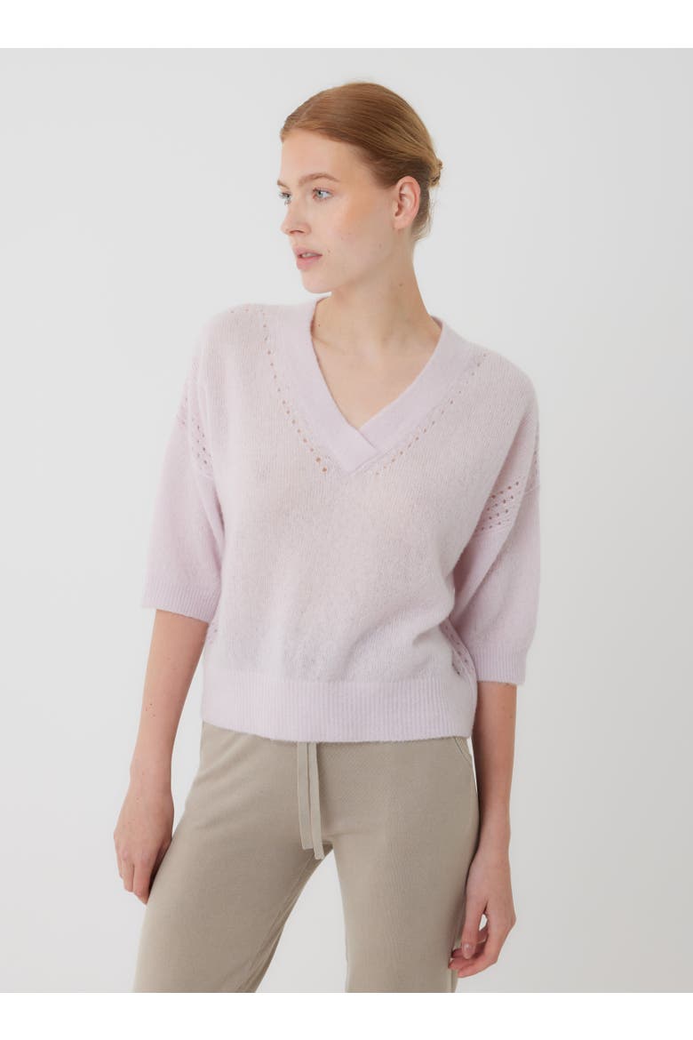 Cashmere Silk Pointelle 3/4 Sleeve V-Neck Top, Main, color, GLYCINE