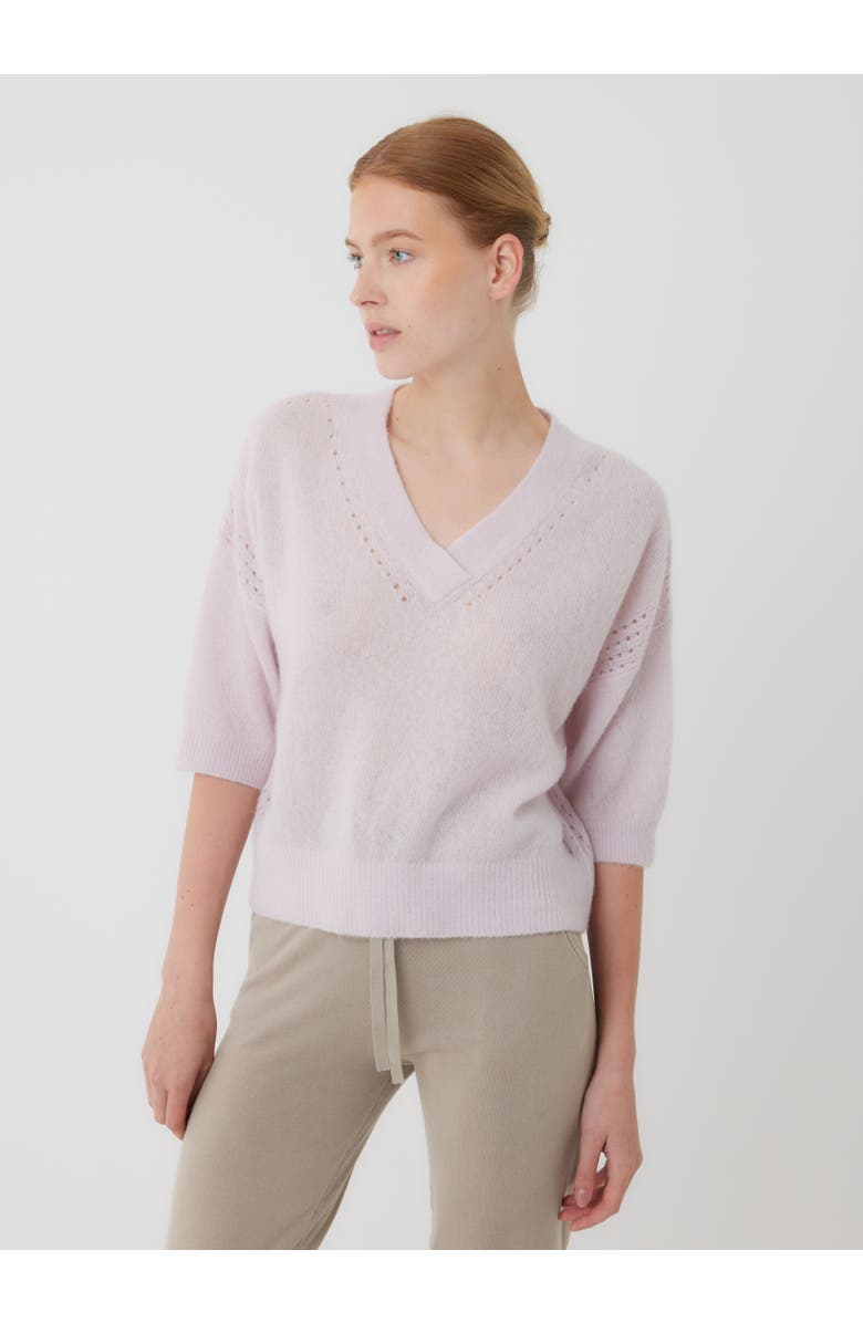 Majestic Filatures Cashmere Silk Pointelle 3/4 Sleeve V-Neck Top, Main, color, Glycine