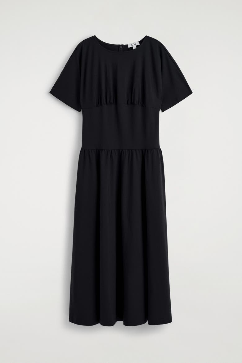 Waisted Cotton Midi Dress, Alternate, color, BLACK