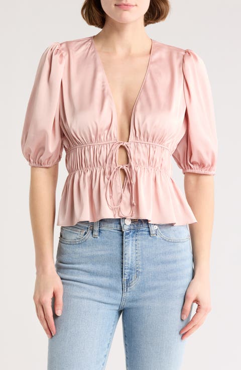 Puff Sleeve Tie Front Satin Top