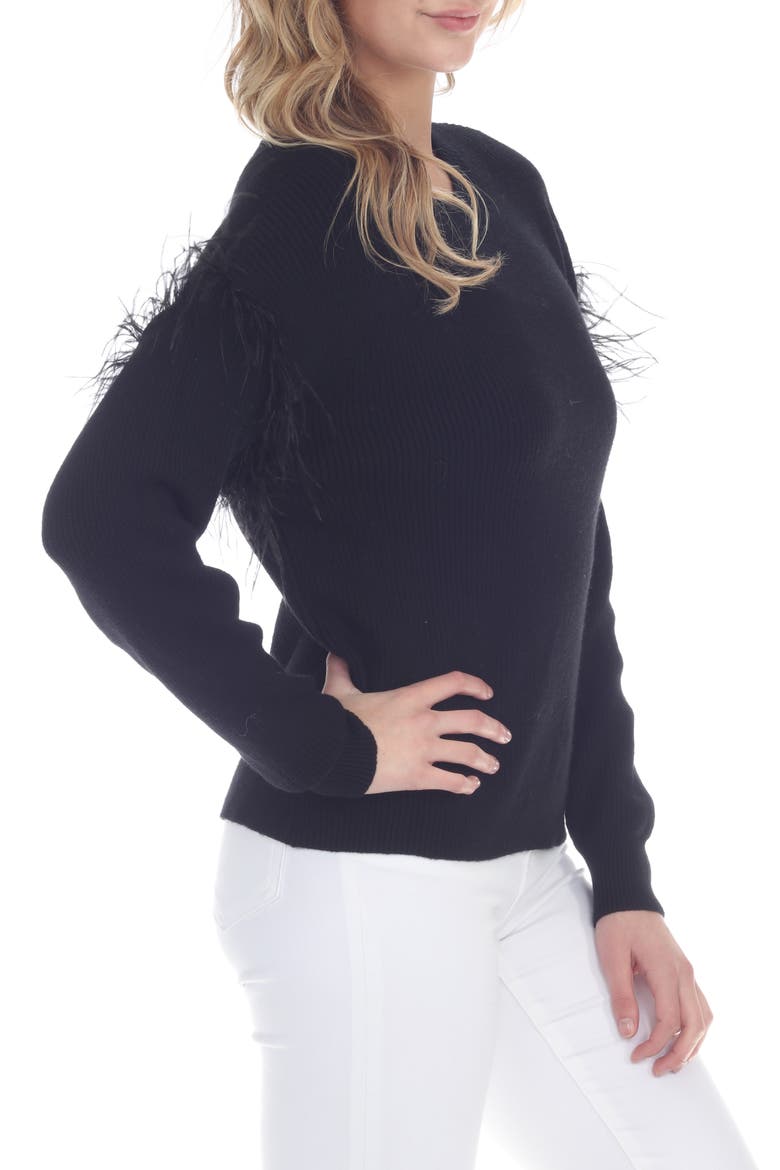 Feather Trim Crewneck Sweater, Alternate, color, BLACK