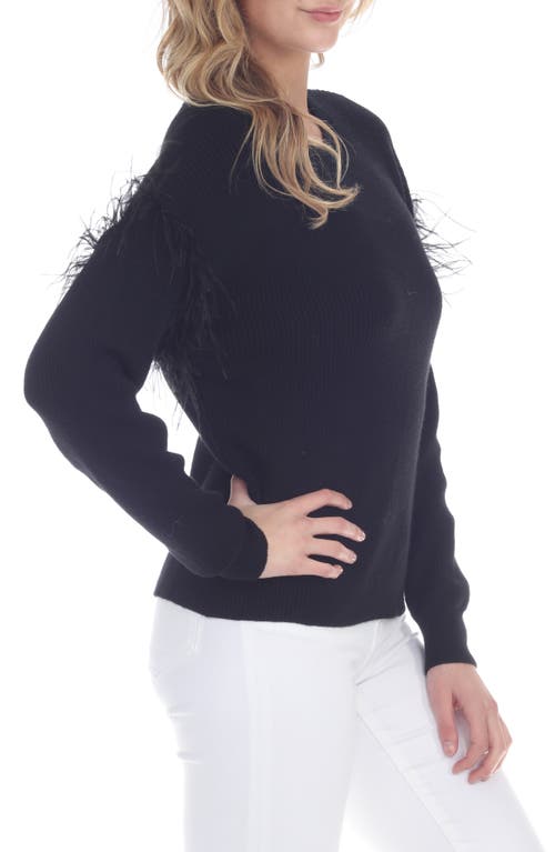 Rain And Rose Feather Trim Crewneck Sweater In Black