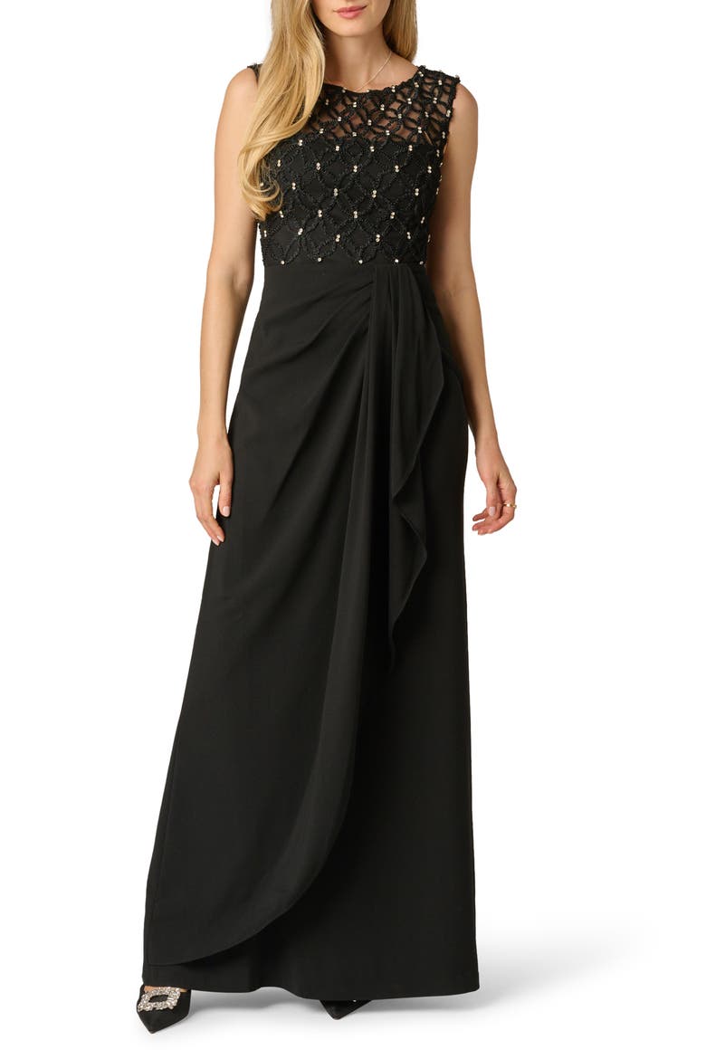 Beaded Jersey Gown, Main, color, BLACK