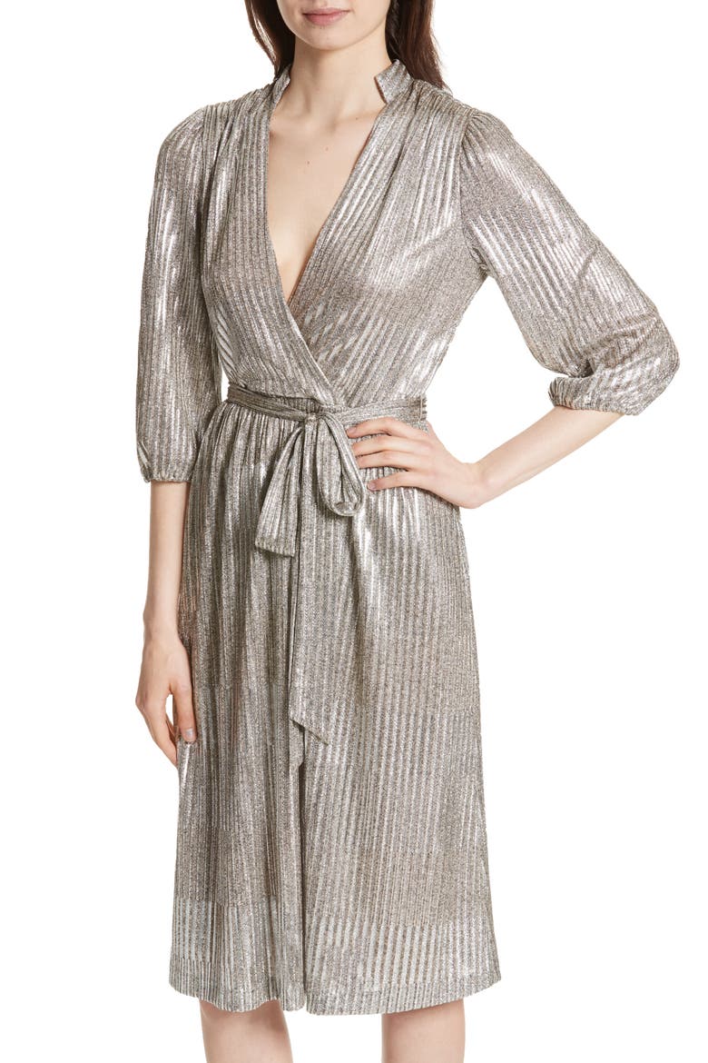 Katina Metallic Wrap Dress, Alternate, color, GOLD