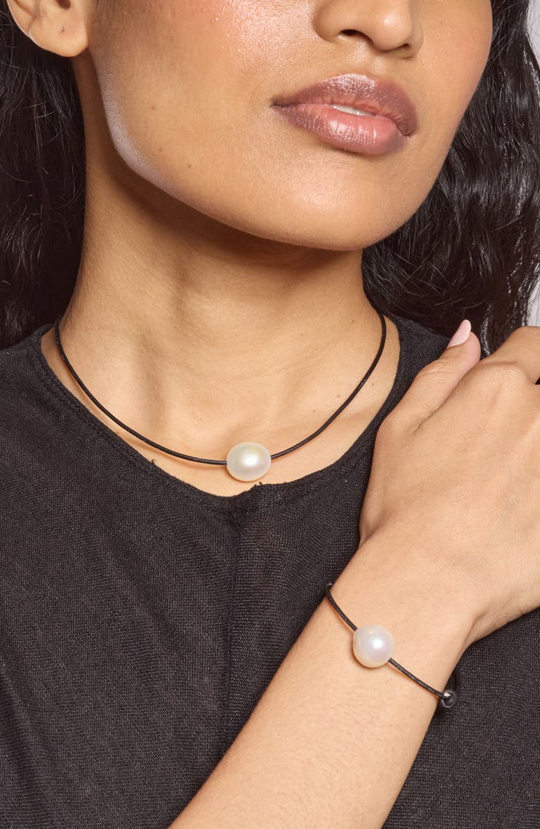 Lady Grey Freshwater Pearl Leather Cord Necklace, Alternate, color, Gold/ Black