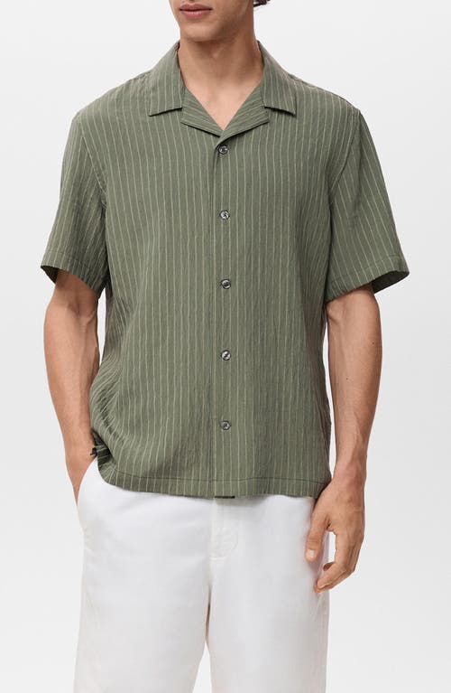 Mango Stripe Embroidered Camp Shirt In Green