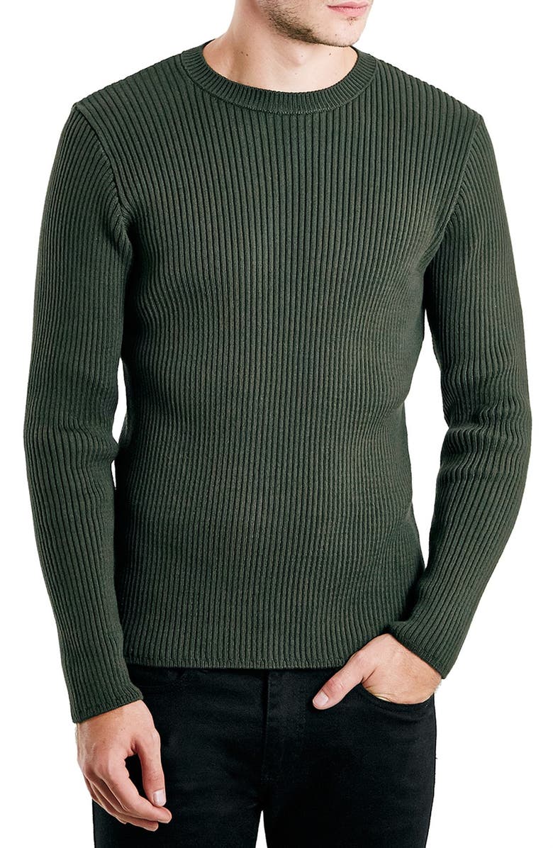Topman Olive Chunky Rib Knit Crewneck Sweater, Main, color, 