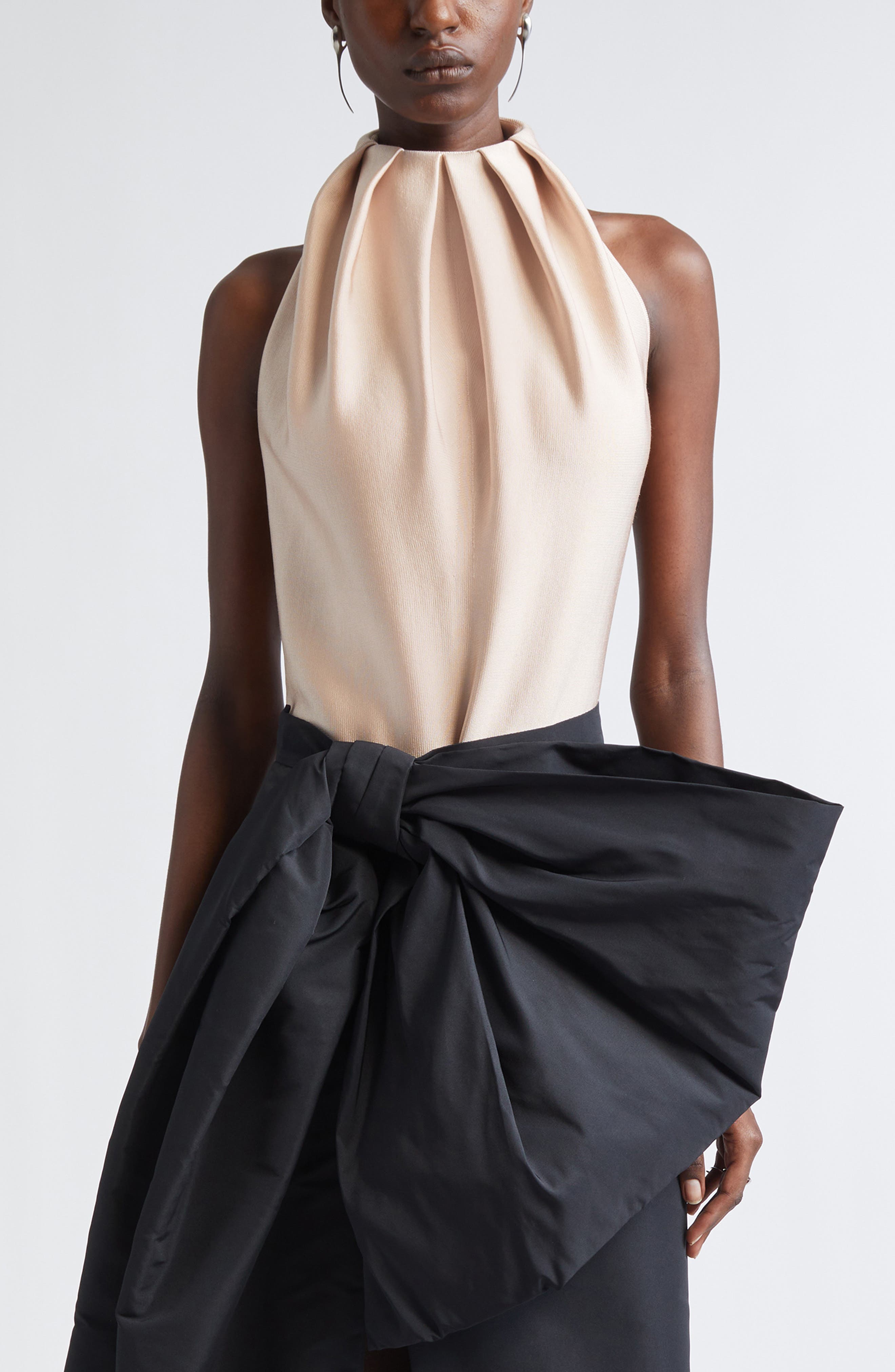 Pleated Silk & Wool Blend Halter Bodysuit