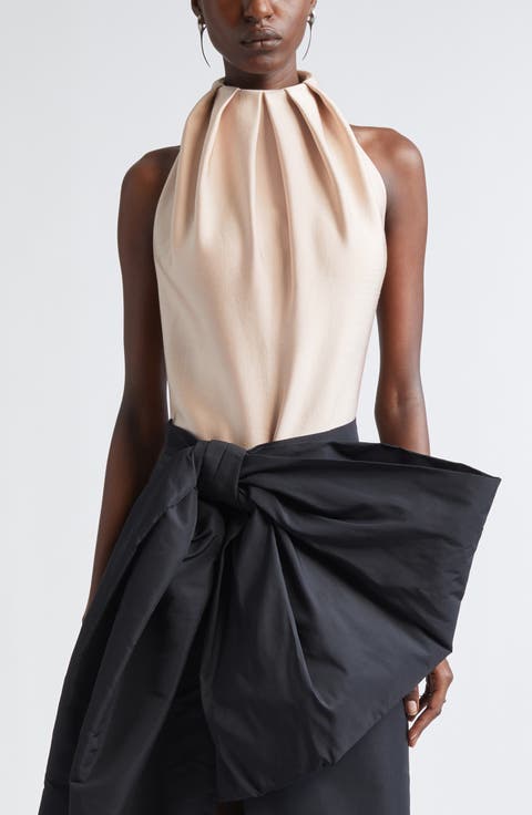 Pleated Silk & Wool Blend Halter Bodysuit