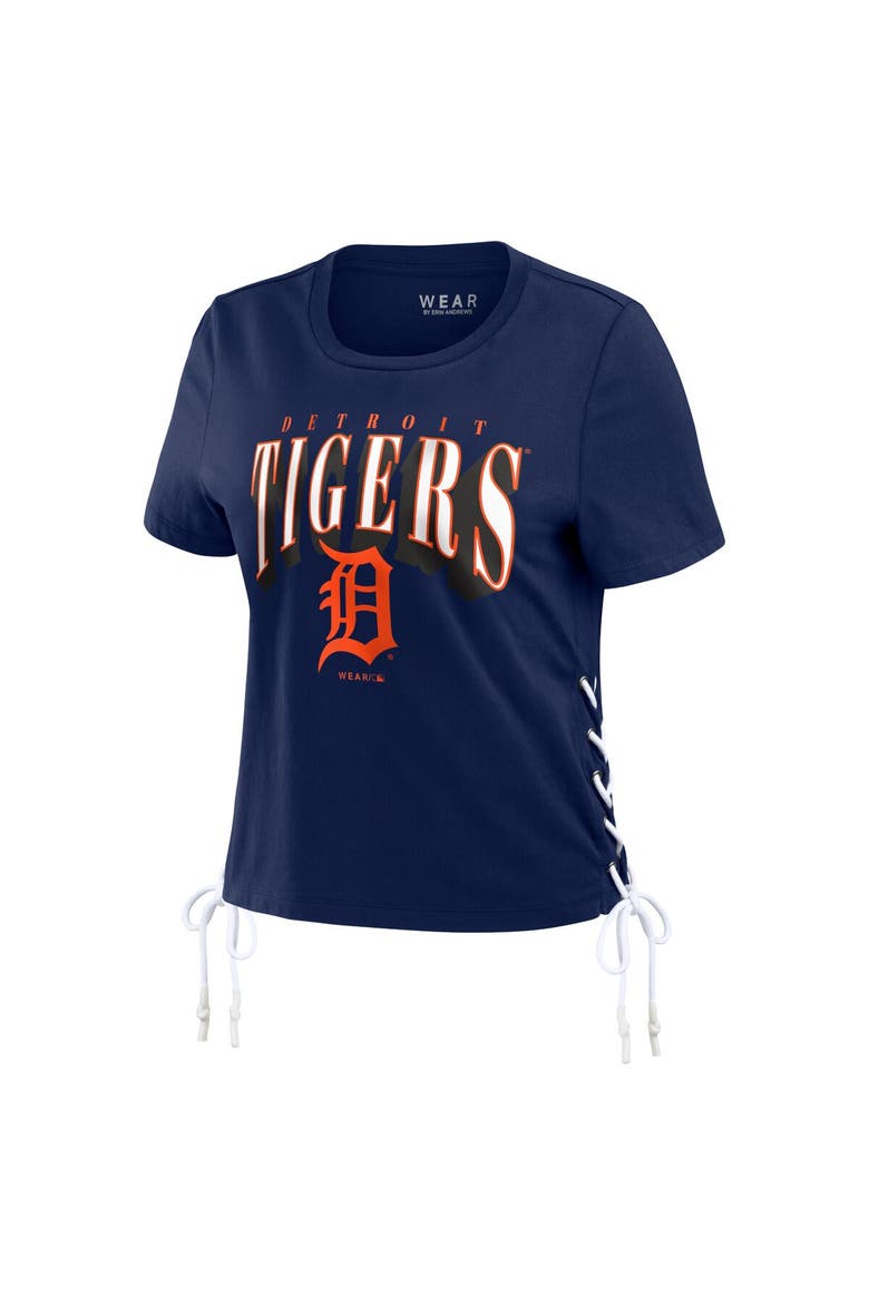 Women's WEAR by Erin Andrews Navy Detroit Tigers Side Lace-Up Cropped T-Shirt, Alternate, color, Navy