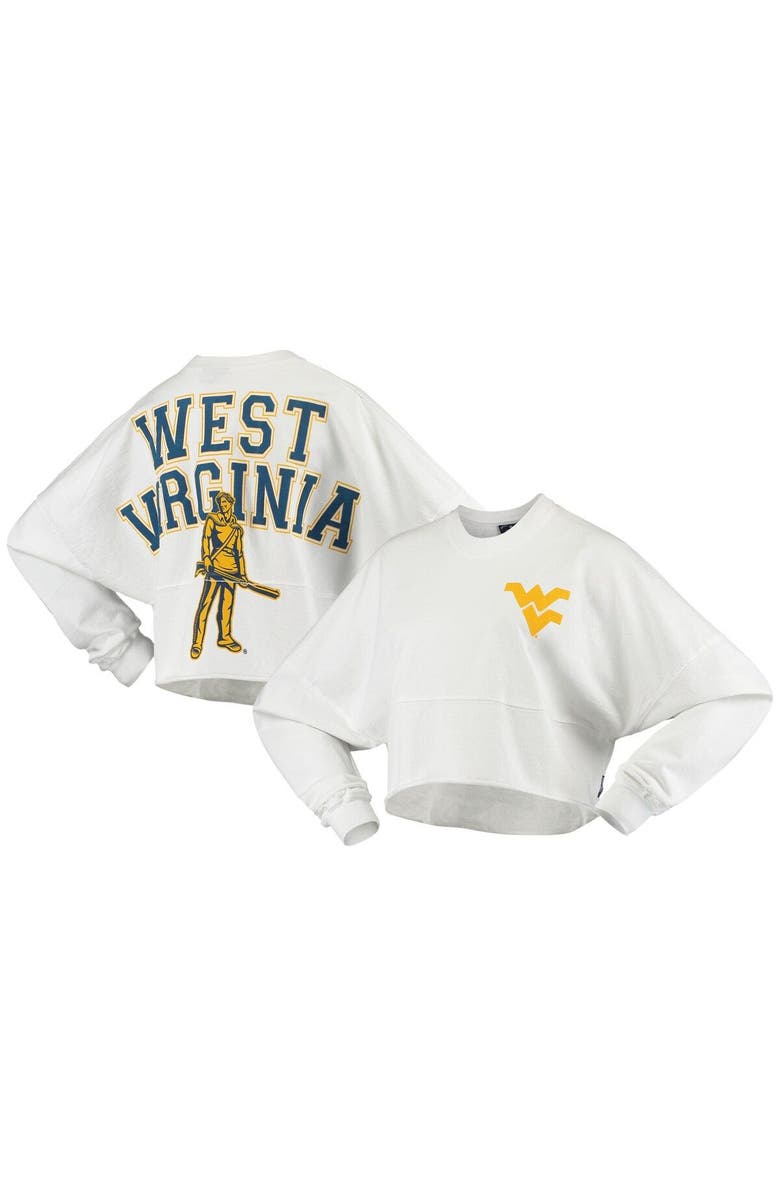 SPIRIT JERSEY Women's White West Virginia Mountaineers Raw Hem Cropped Spirit Jersey Long Sleeve T-Shirt, Main, color, 