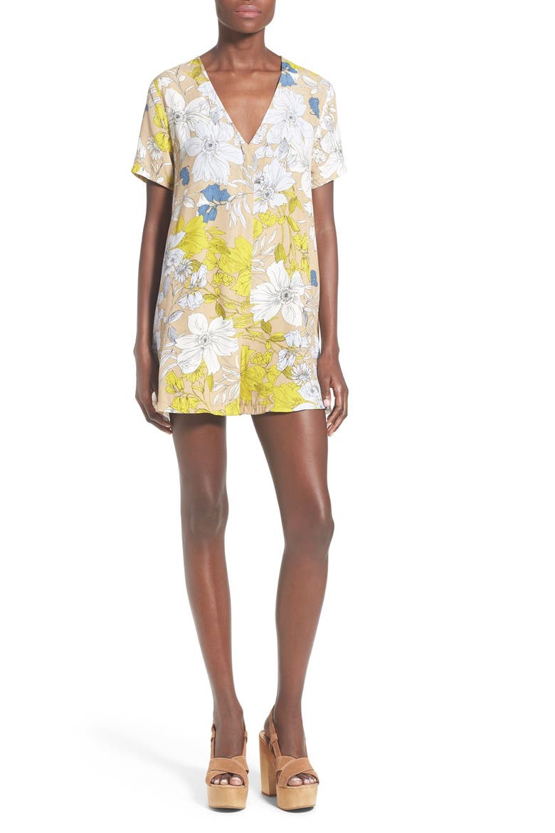 ASTR 'Rae' Floral Print Romper, Main, color, KHAKI MULTI FLORAL