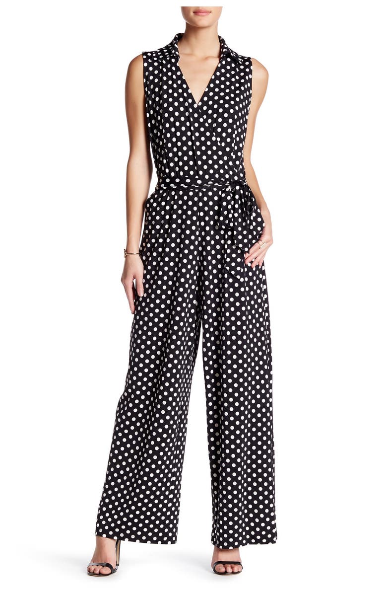 Nina Leonard Sleeveless Faux Wrap Jumpsuit, Main, color, Black-Ivory