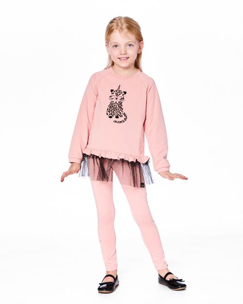 Deux Par Deux Long Bi-material Top With Mesh Ruffle Hem And Leopard In Pink