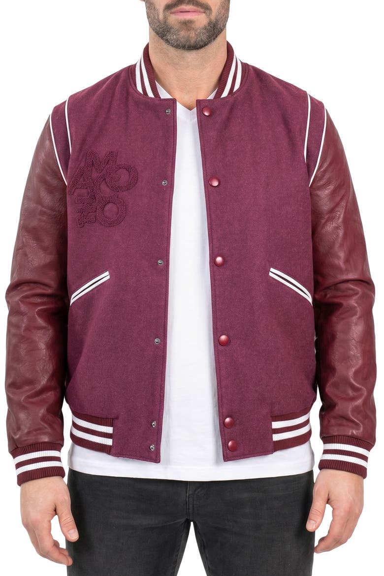 Marthyr Leather Sleeve Varsity Jacket, Alternate, color, RED