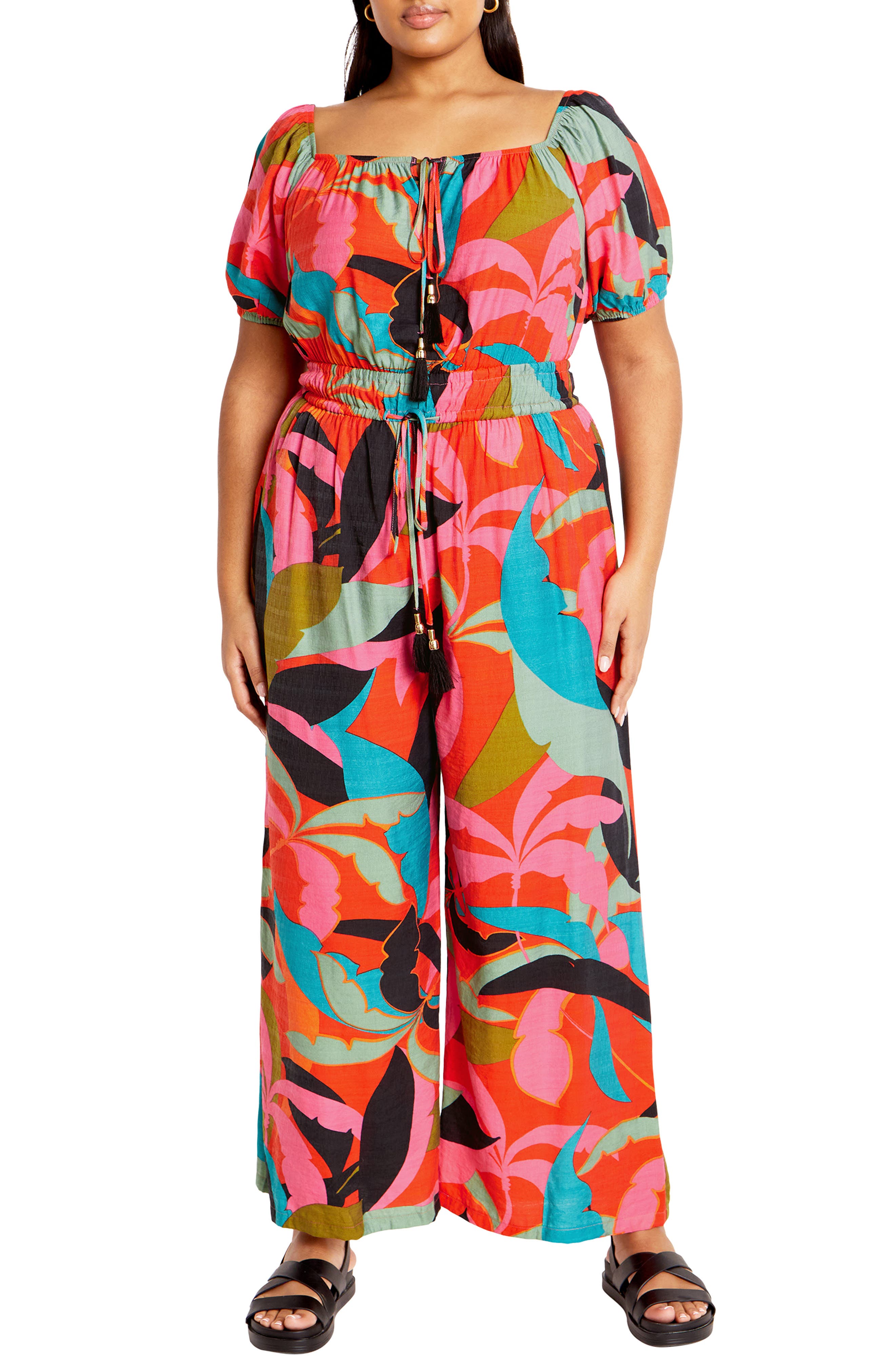 City Chic Erica Palm Print Wide Leg Jumpsuit