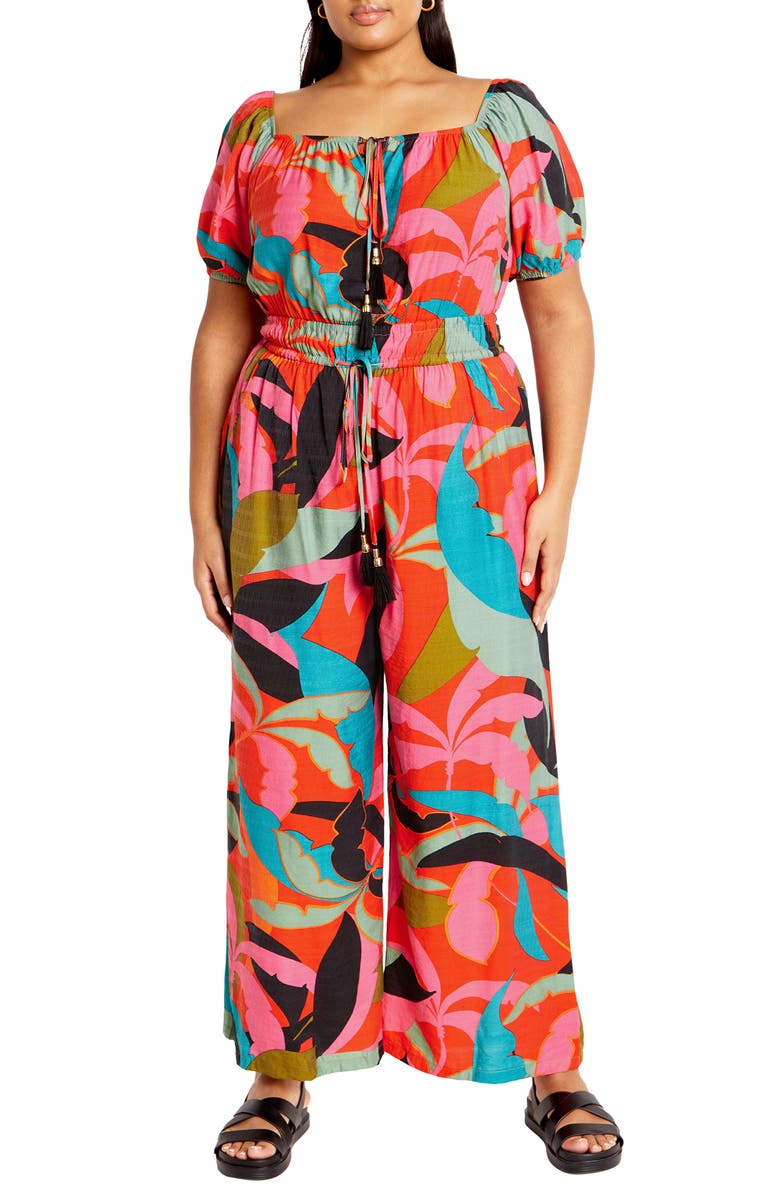 City Chic Erica Palm Print Wide Leg Jumpsuit, Main, color, Red Barbados