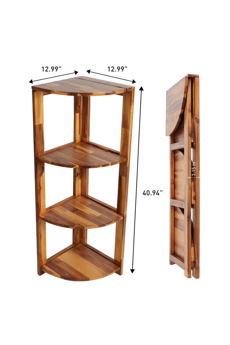 Terra Rustic Handcrafted Acacia Wood 4-Tier Indoor/Outdoor Folding Corner Storage Rack, Alternate, color, Natural