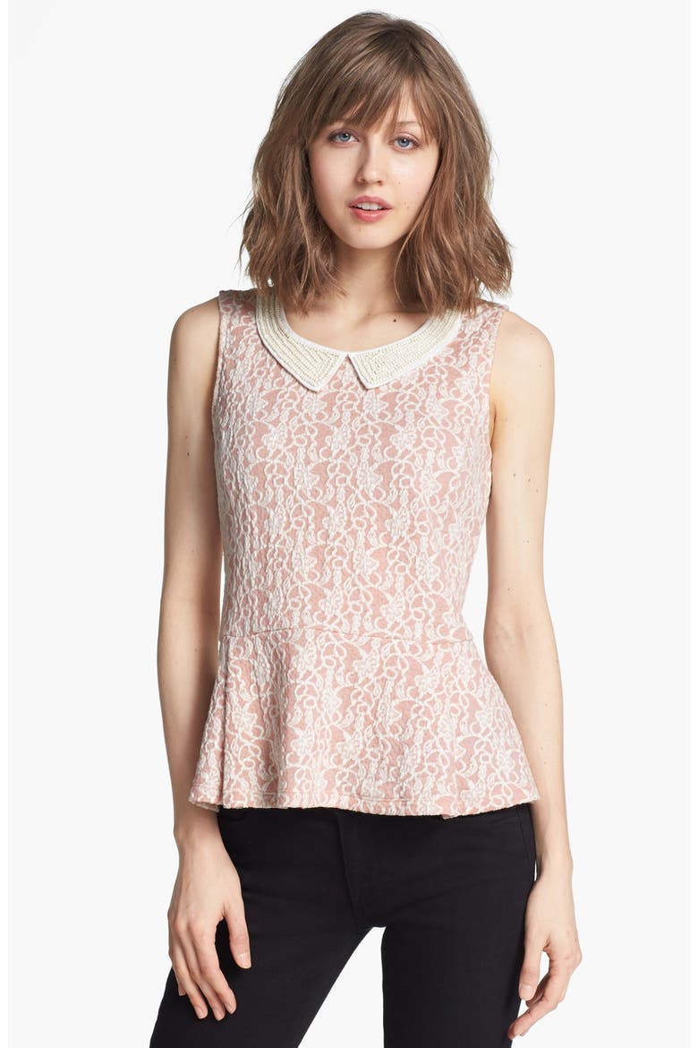 Hinge® Embellished Collar Peplum Top, Main, color, PINK SAND/ IVORY LACE