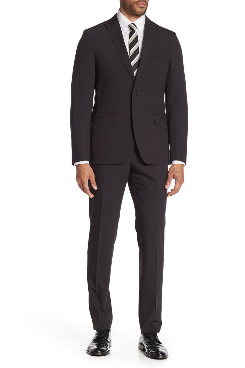 Brixton Black Solid Two Button Peak Lapel Skinny Fit Suit, Main, color, BLACK
